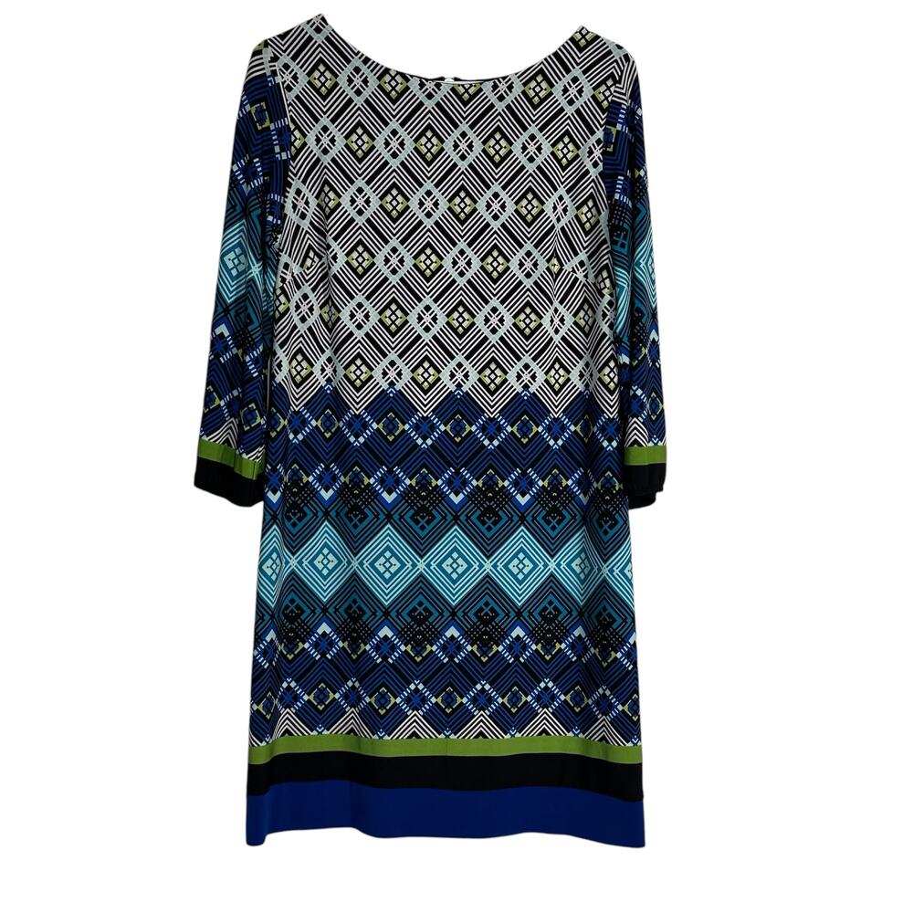 Donna Ricco Dress Womens 8 Blue White Black Geometric Midi Shift Cocktail Party